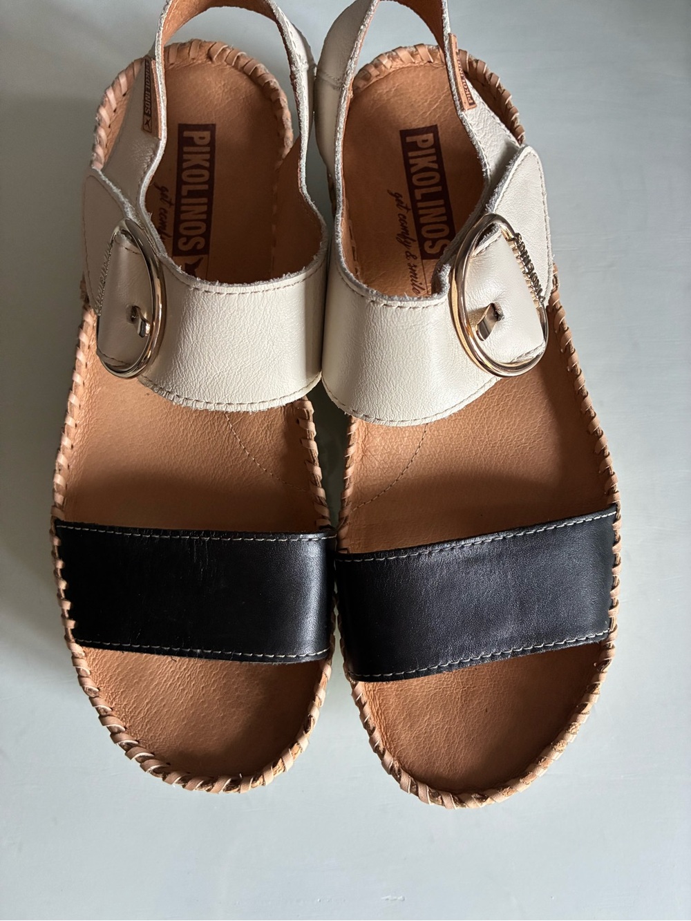 PIKOLINOS Black and Cream Leather Cork Wedge Sandal with Buckle Size 39 - Picture 2 of 7